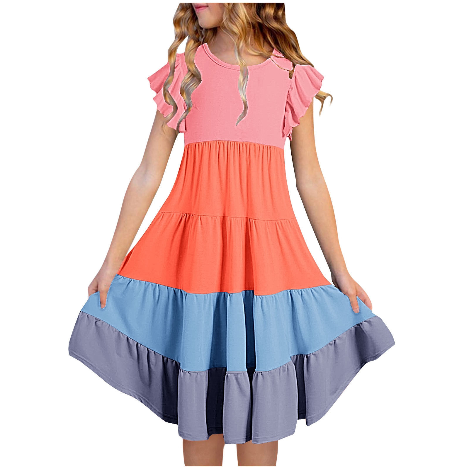 VKOYWKM Kids Toddler Girls Tiered Dress Ruffle Sleeve Casual Color Block Striped Dresses Easter Summer Swing A-Line Sundress
